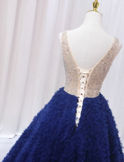 Sheen A-Line V Neck Sweet 16th Gowns Ruffles Tulle Sequins Beaded Prom Dress AP4599