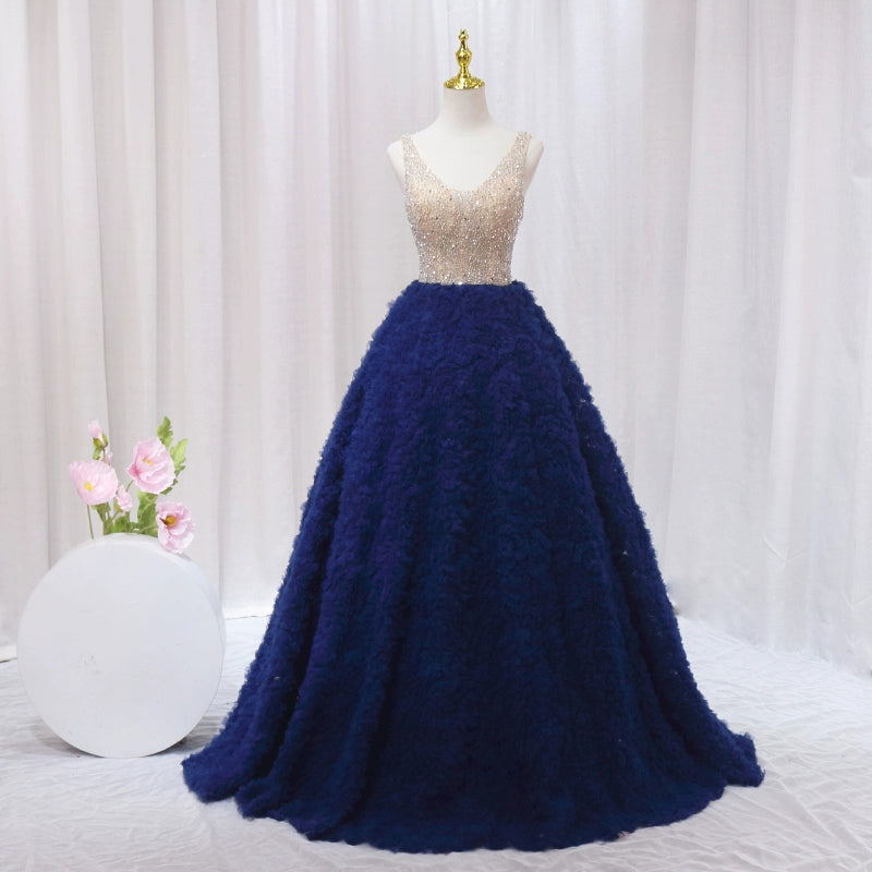 Sheen A-Line V Neck Sweet 16th Gowns Ruffles Tulle Sequins Beaded Prom Dress AP4599