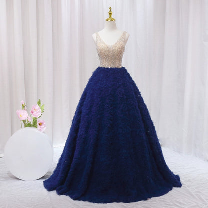 Sheen A-Line V Neck Sweet 16th Gowns Ruffles Tulle Sequins Beaded Prom Dress AP4599