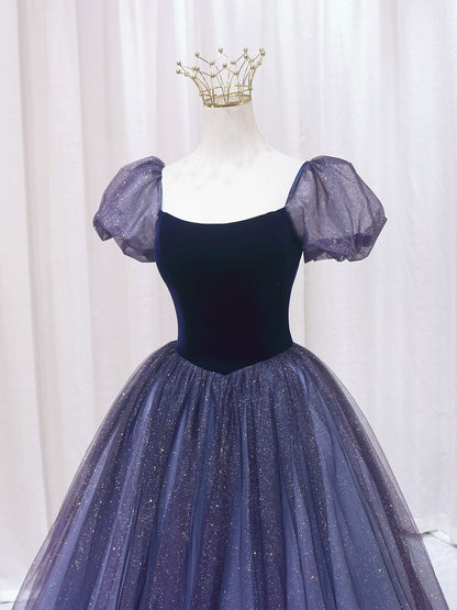 Alluring A-Line Square Neck Sweet 16th Evening Gowns Velvet Bow Sequins Tulle Short Sleeve Prom Dress AP4600