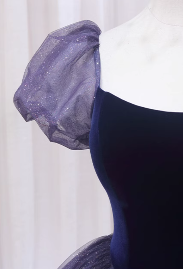 Alluring A-Line Square Neck Sweet 16th Evening Gowns Velvet Bow Sequins Tulle Short Sleeve Prom Dress AP4600