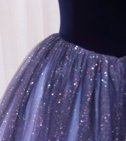 Alluring A-Line Square Neck Sweet 16th Evening Gowns Velvet Bow Sequins Tulle Short Sleeve Prom Dress AP4600