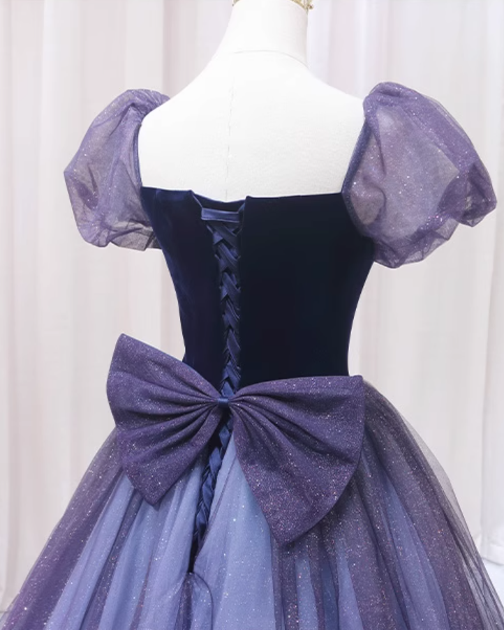 Alluring A-Line Square Neck Sweet 16th Evening Gowns Velvet Bow Sequins Tulle Short Sleeve Prom Dress AP4600