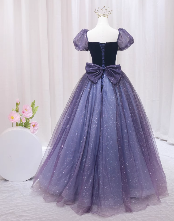 Alluring A-Line Square Neck Sweet 16th Evening Gowns Velvet Bow Sequins Tulle Short Sleeve Prom Dress AP4600