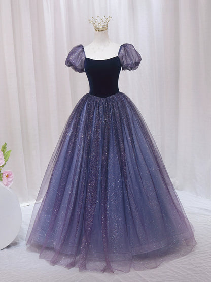 Alluring A-Line Square Neck Sweet 16th Evening Gowns Velvet Bow Sequins Tulle Short Sleeve Prom Dress AP4600