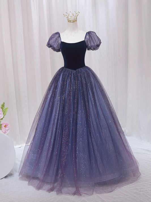 Alluring A-Line Square Neck Sweet 16th Evening Gowns Velvet Bow Sequins Tulle Short Sleeve Prom Dress AP4600
