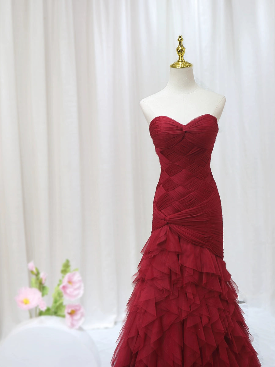 Gorgeous Strapless Sweet 16th Evening Dresses Tiered Red Braided Tulle Mermaid Prom Dress AP4601