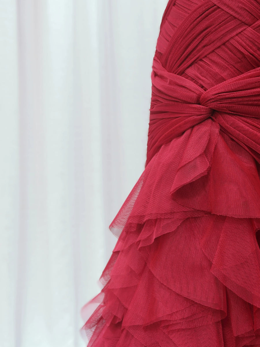 Gorgeous Strapless Sweet 16th Evening Dresses Tiered Red Braided Tulle Mermaid Prom Dress AP4601