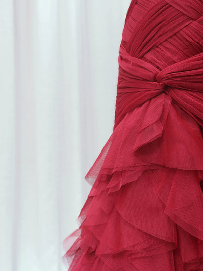 Gorgeous Strapless Sweet 16th Evening Dresses Tiered Red Braided Tulle Mermaid Prom Dress AP4601