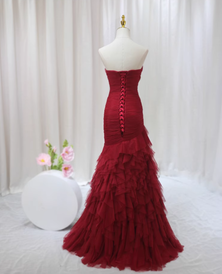 Gorgeous Strapless Sweet 16th Evening Dresses Tiered Red Braided Tulle Mermaid Prom Dress AP4601