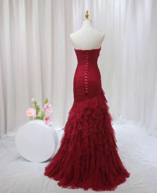 Gorgeous Strapless Sweet 16th Evening Dresses Tiered Red Braided Tulle Mermaid Prom Dress AP4601