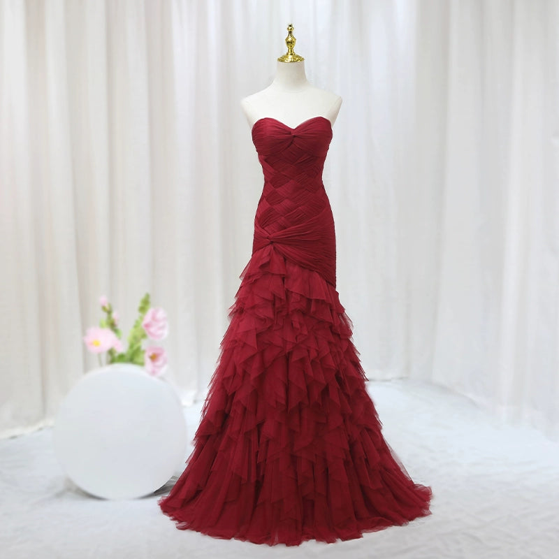 Gorgeous Strapless Sweet 16th Evening Dresses Tiered Red Braided Tulle Mermaid Prom Dress AP4601