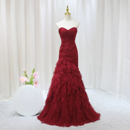 Gorgeous Strapless Sweet 16th Evening Dresses Tiered Red Braided Tulle Mermaid Prom Dress AP4601