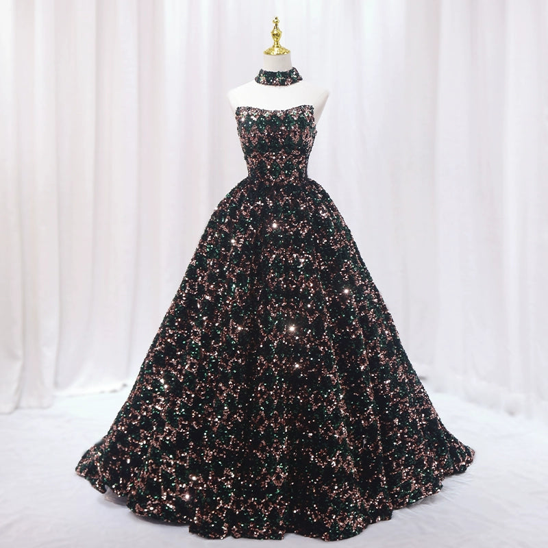 Glam A-Line Strapless Sweet 16th Evening Dresses Sparkly Sequins Beaded Prom Dress AP4602
