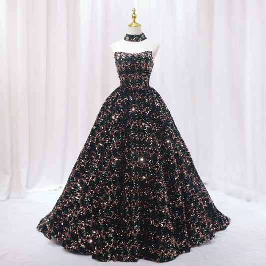 Glam A-Line Strapless Sweet 16th Evening Dresses Sparkly Sequins Beaded Prom Dress AP4602