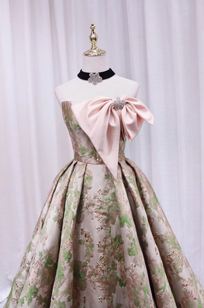 Glamorous A-Line Strapless Sweet 16th Evening Dresses Beading Big Bow Knot Floral Jacquard Prom Dress AP4603