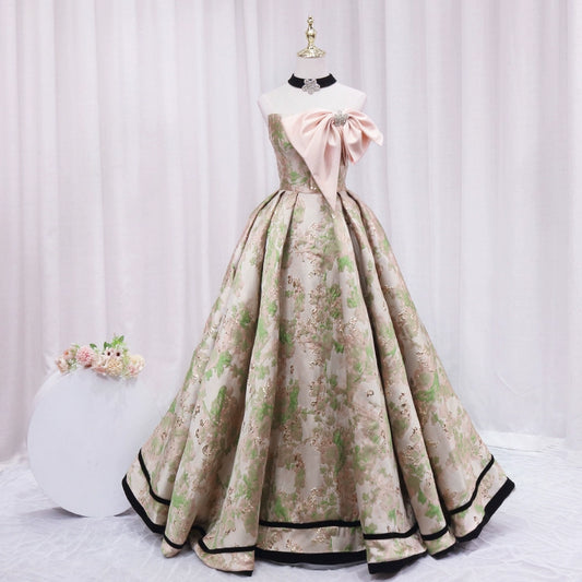 Glamorous A-Line Strapless Sweet 16th Evening Dresses Beading Big Bow Knot Floral Jacquard Prom Dress AP4603
