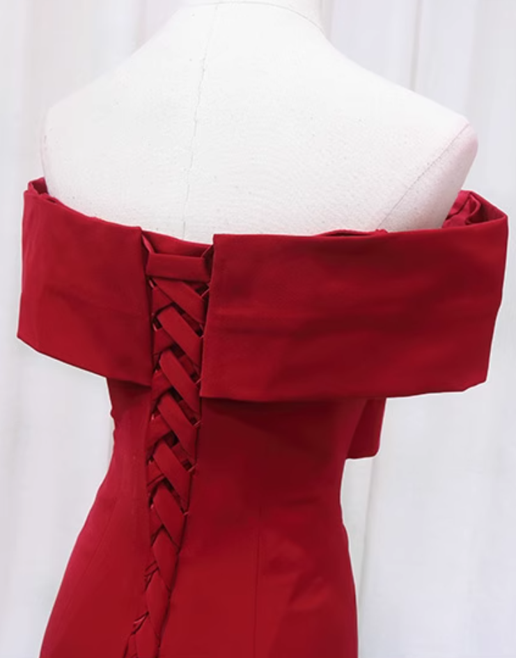 Dramatic Off-Shoulder Red Evening Gowns Gathered Mermaid Prom Dress AP4604