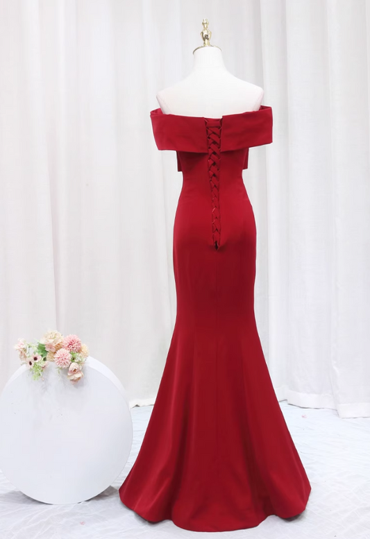Dramatic Off-Shoulder Red Evening Gowns Gathered Mermaid Prom Dress AP4604