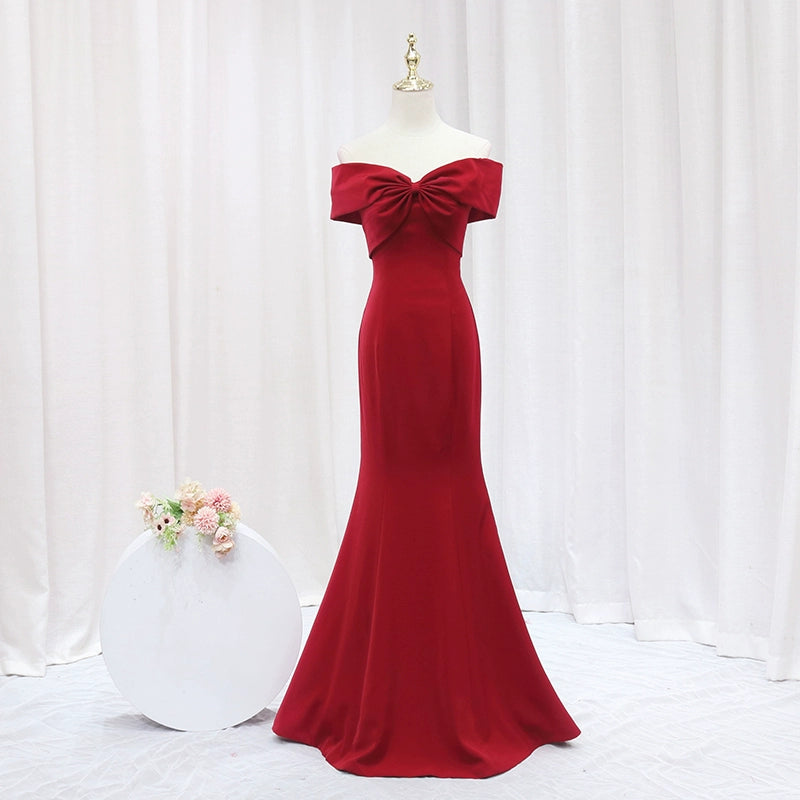 Dramatic Off-Shoulder Red Evening Gowns Gathered Mermaid Prom Dress AP4604