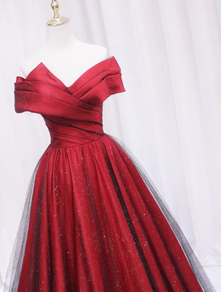 Stunning A-Line Off-Shoulder Sweet 16th Evening Gowns Glittering Sequins Tulle Red Pleated Prom Dress AP4605
