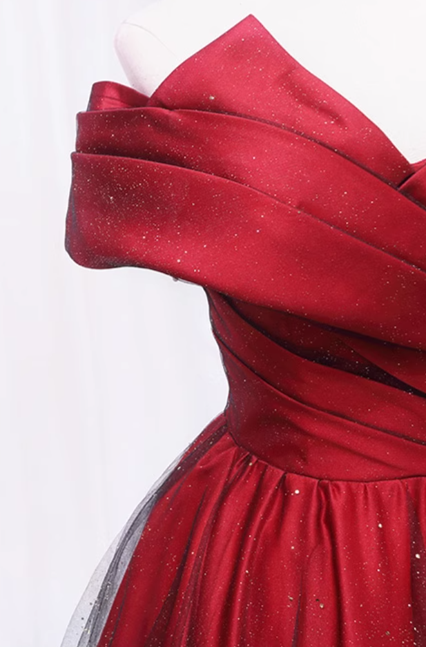 Stunning A-Line Off-Shoulder Sweet 16th Evening Gowns Glittering Sequins Tulle Red Pleated Prom Dress AP4605