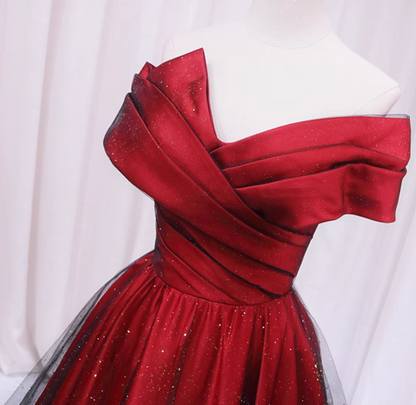 Stunning A-Line Off-Shoulder Sweet 16th Evening Gowns Glittering Sequins Tulle Red Pleated Prom Dress AP4605