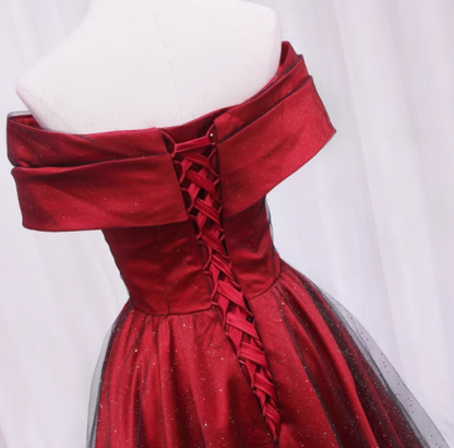 Stunning A-Line Off-Shoulder Sweet 16th Evening Gowns Glittering Sequins Tulle Red Pleated Prom Dress AP4605