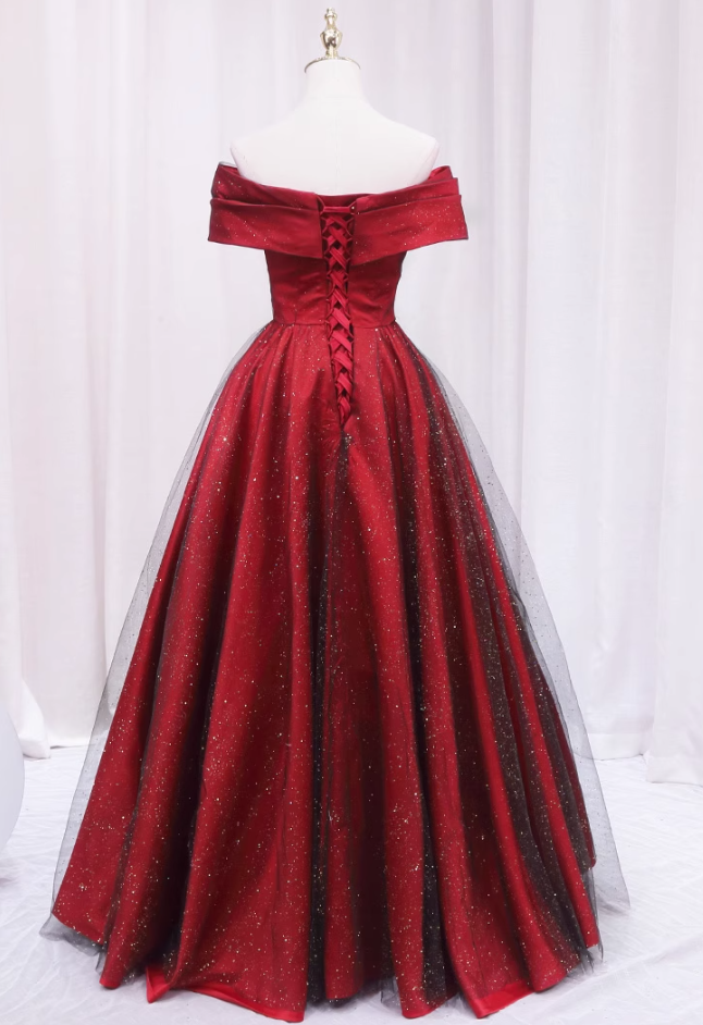 Stunning A-Line Off-Shoulder Sweet 16th Evening Gowns Glittering Sequins Tulle Red Pleated Prom Dress AP4605