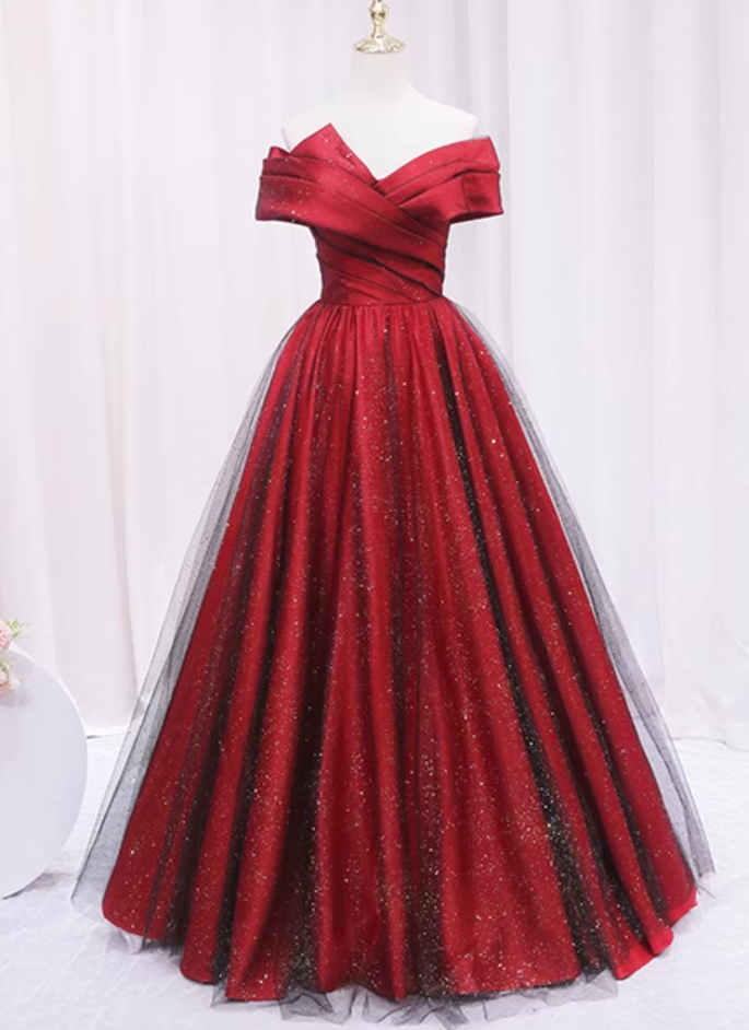 Stunning A-Line Off-Shoulder Sweet 16th Evening Gowns Glittering Sequins Tulle Red Pleated Prom Dress AP4605