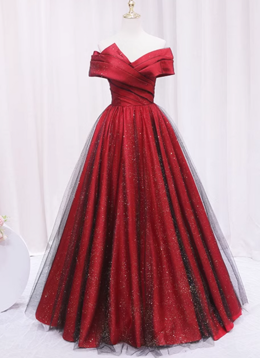 Stunning A-Line Off-Shoulder Sweet 16th Evening Gowns Glittering Sequins Tulle Red Pleated Prom Dress AP4605