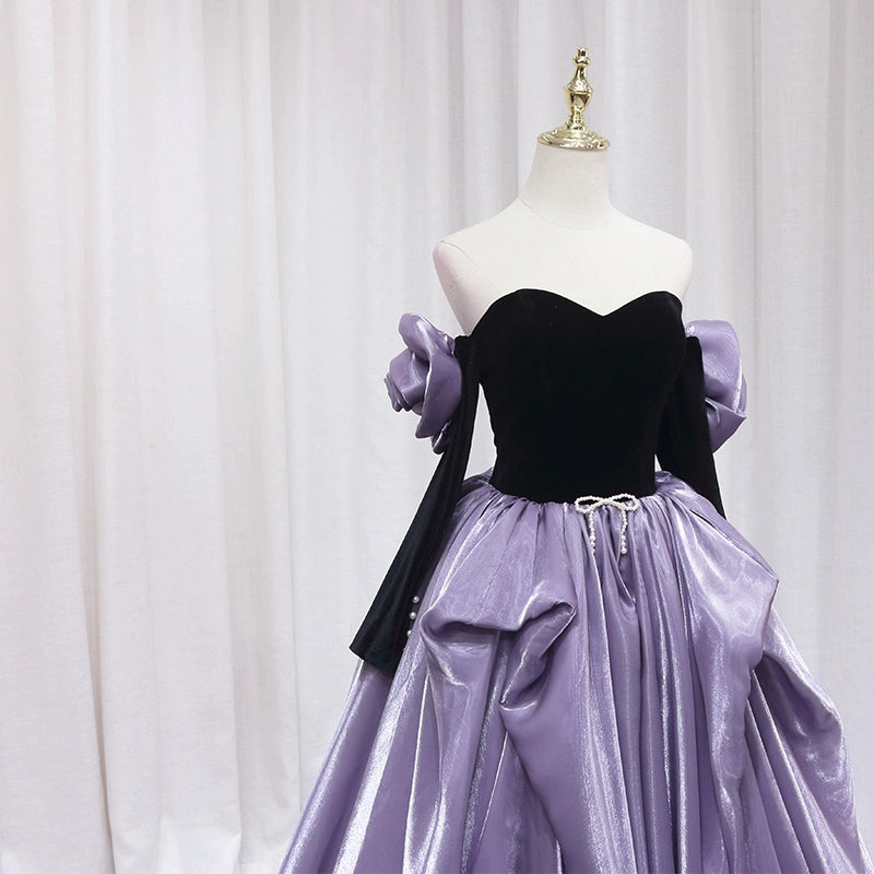 Unique Off-Shoulder A-Line Evening Gowns Beading Bow Long Sleeve Handmade Flowers Prom Dress AP4607