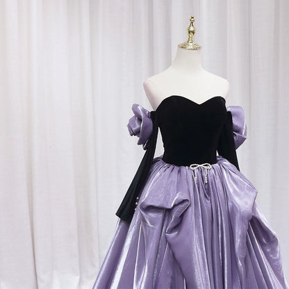 Unique Off-Shoulder A-Line Evening Gowns Beading Bow Long Sleeve Handmade Flowers Prom Dress AP4607
