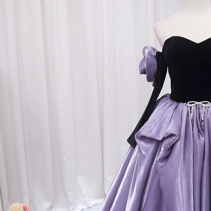 Unique Off-Shoulder A-Line Evening Gowns Beading Bow Long Sleeve Handmade Flowers Prom Dress AP4607