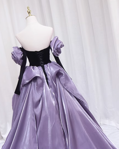 Unique Off-Shoulder A-Line Evening Gowns Beading Bow Long Sleeve Handmade Flowers Prom Dress AP4607