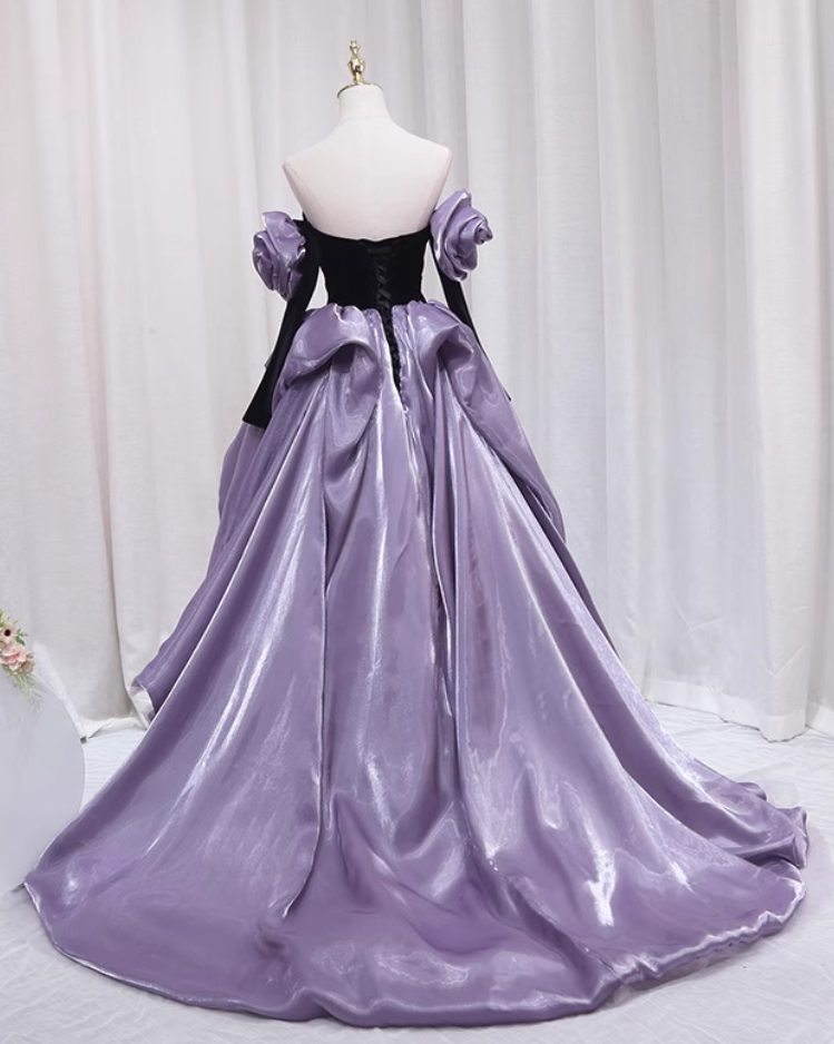Unique Off-Shoulder A-Line Evening Gowns Beading Bow Long Sleeve Handmade Flowers Prom Dress AP4607