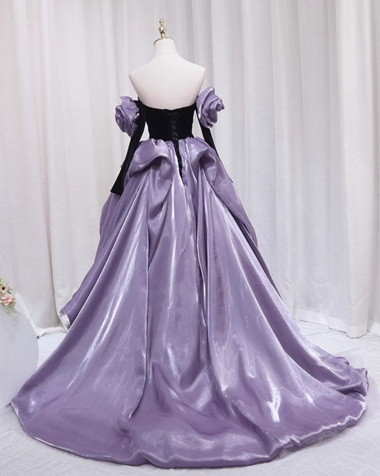 Unique Off-Shoulder A-Line Evening Gowns Beading Bow Long Sleeve Handmade Flowers Prom Dress AP4607