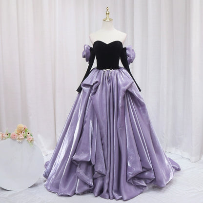Unique Off-Shoulder A-Line Evening Gowns Beading Bow Long Sleeve Handmade Flowers Prom Dress AP4607