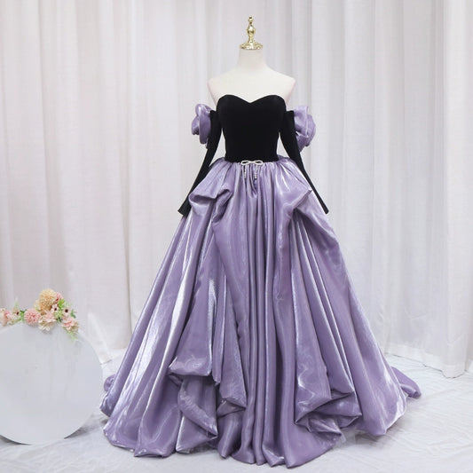 Unique Off-Shoulder A-Line Evening Gowns Beading Bow Long Sleeve Handmade Flowers Prom Dress AP4607