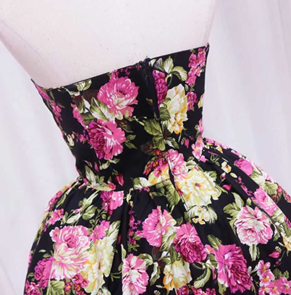 Vibrant Strapless Floral Print Birthday Dresses Vintage A-Line Homecoming Dress AP4608
