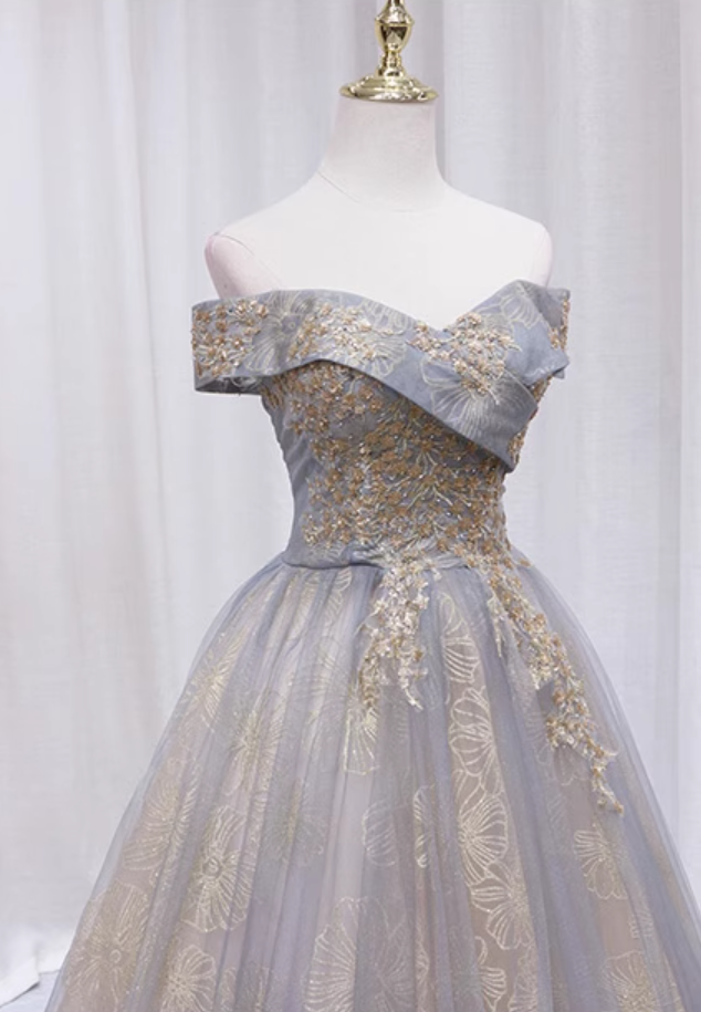 Fashionable A-Line Off-Shoulder Sweet 16th Evening Gowns  Floral Sequins Tulle Prom Dress AP4609