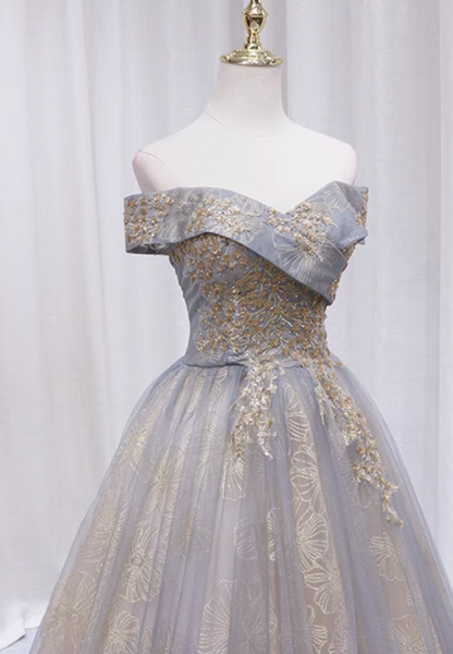 Fashionable A-Line Off-Shoulder Sweet 16th Evening Gowns  Floral Sequins Tulle Prom Dress AP4609