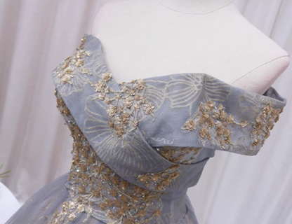 Fashionable A-Line Off-Shoulder Sweet 16th Evening Gowns  Floral Sequins Tulle Prom Dress AP4609