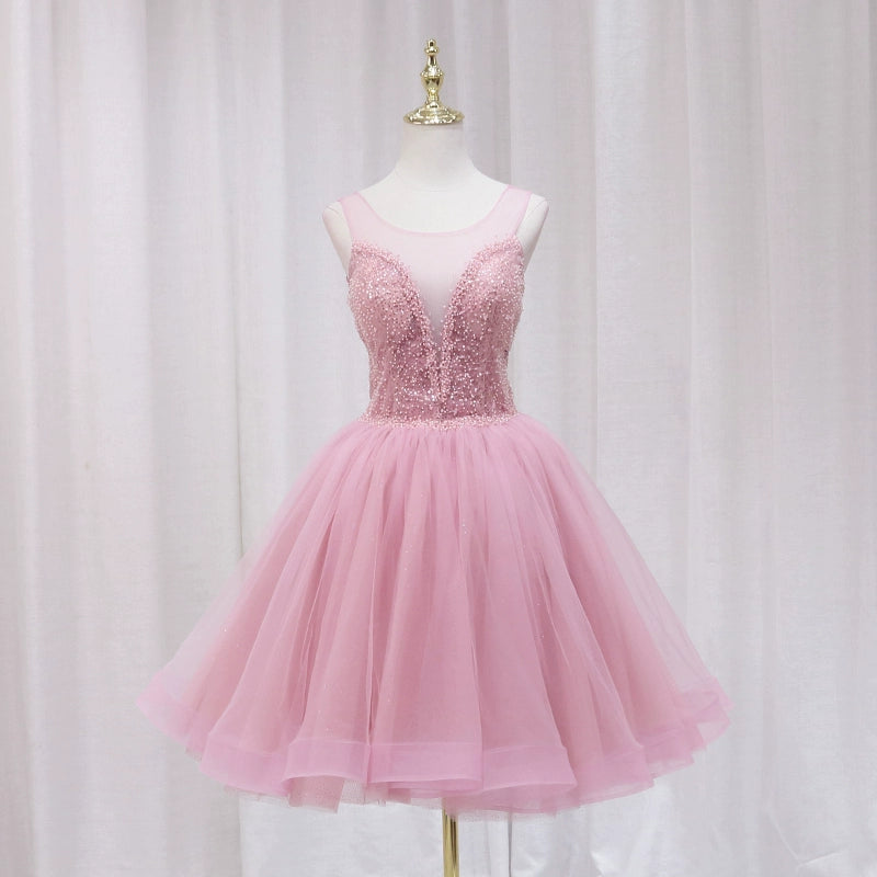 French Style Jewel Neck Sequins Tulle Birthday Dresses Beading A-Line Backless Homecoming Dress AP4610