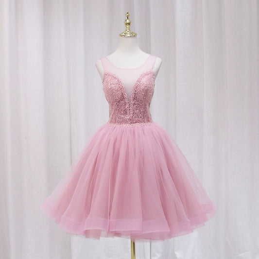 French Style Jewel Neck Sequins Tulle Birthday Dresses Beading A-Line Backless Homecoming Dress AP4610