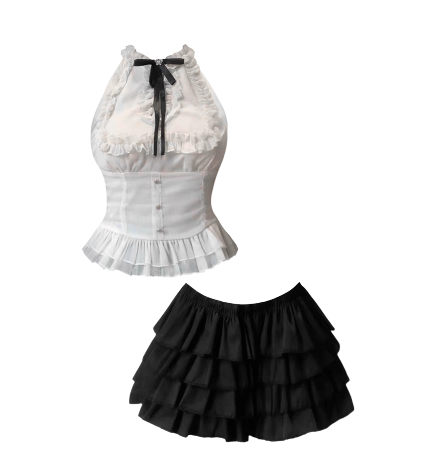 Charming White Halter Neck Ruffled Corset Top A-Line Tiered Mini Skirt Sweet Bow Detail Two-Piece Black Ruffles Short Dress AP4611