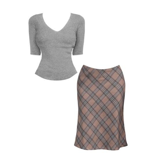 Minimalist Gray V-Neck 3/4 Sleeve Slim Knit Top Plaid Midi Skirt Casual Occasions 2-Piece Set Tan Plaid Satin Pencil Short Dress AP4612