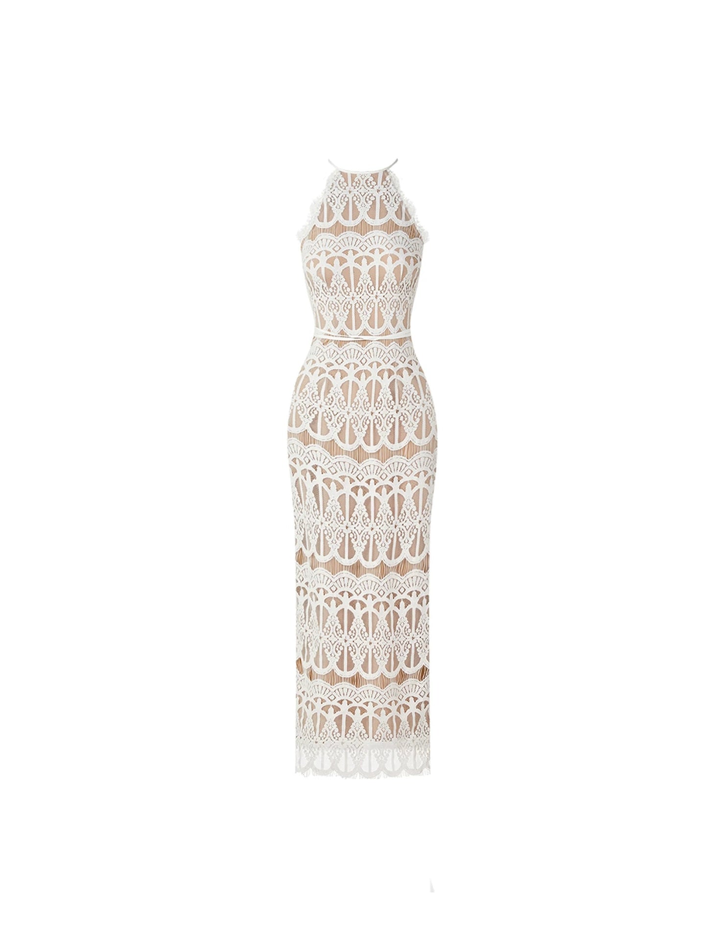Simple Ivory Halter Neck Sheath Maxi Dress Elegant Sleeveless Sheer Cutout Tie Waist Lace Long Dress AP4613