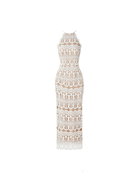 Simple Ivory Halter Neck Sheath Maxi Dress Elegant Sleeveless Sheer Cutout Tie Waist Lace Long Dress AP4613
