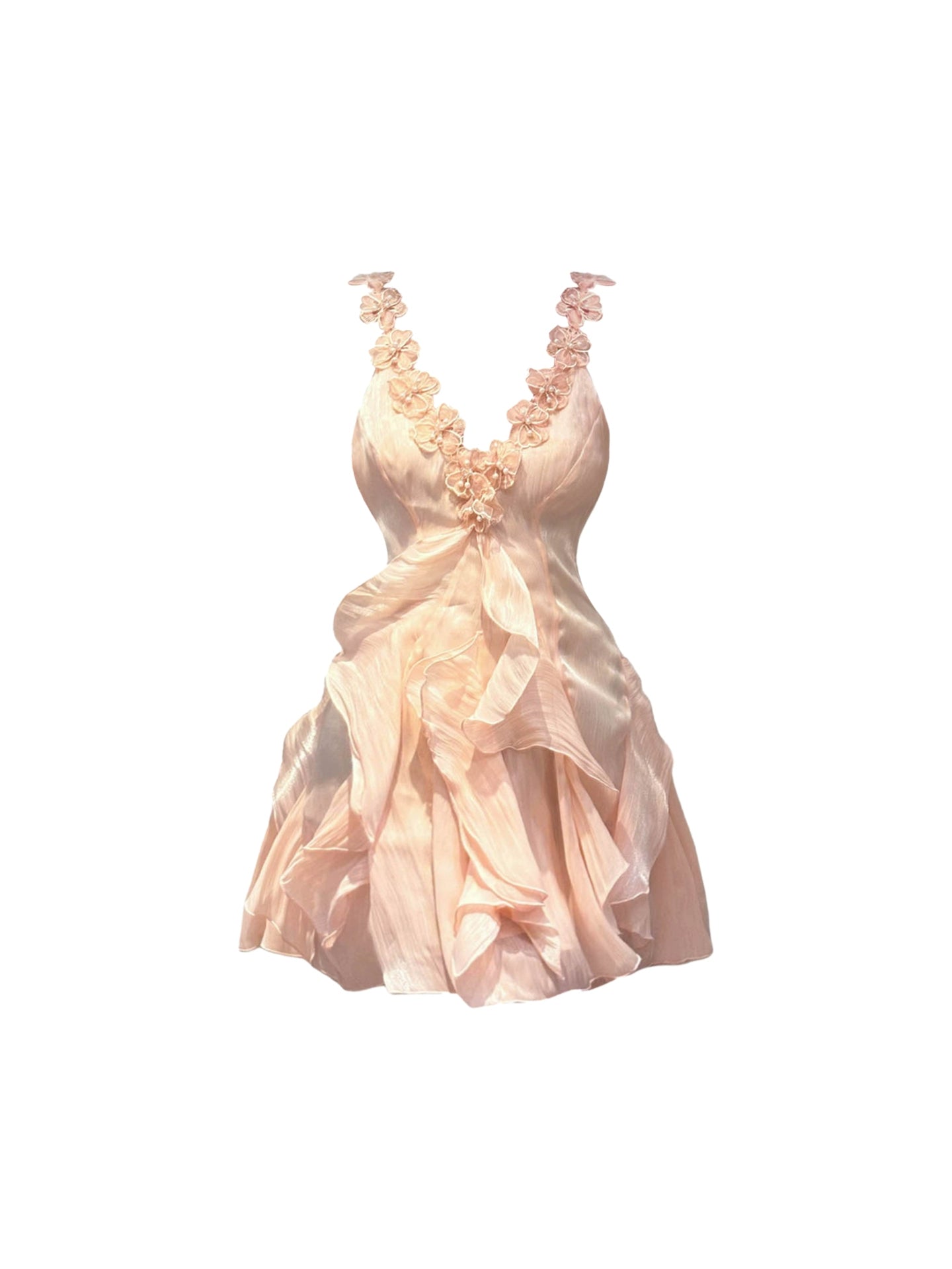 Dopamine Style 3D Floral Beaded Straps Mini Skirt Romantic A-Line Ruffles Trim Short Dress AP4614